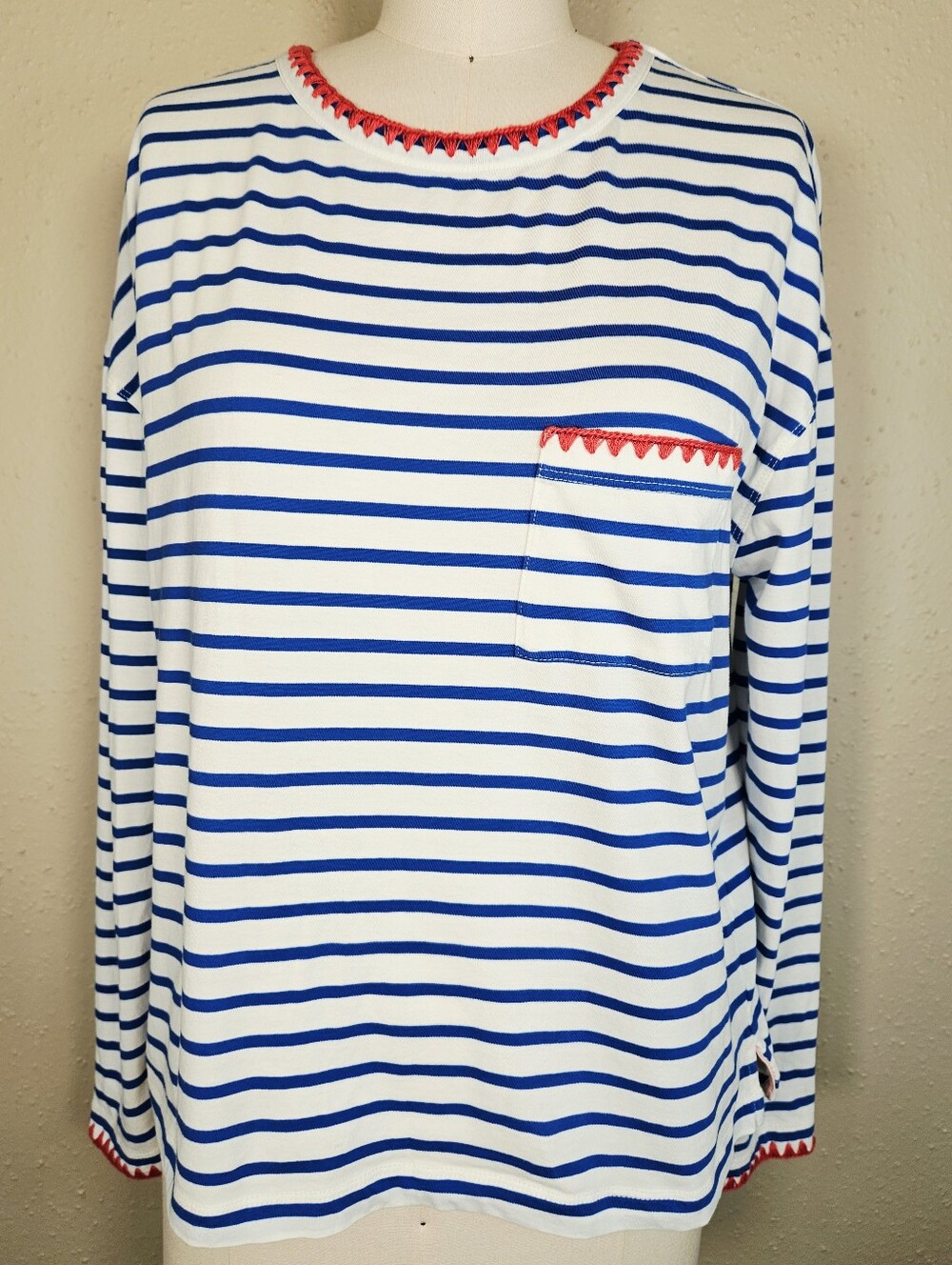 Boden Blanket Stitch Boxy Striped Top Small Blue White Cotton Long Sleeve - Picture 2 of 11